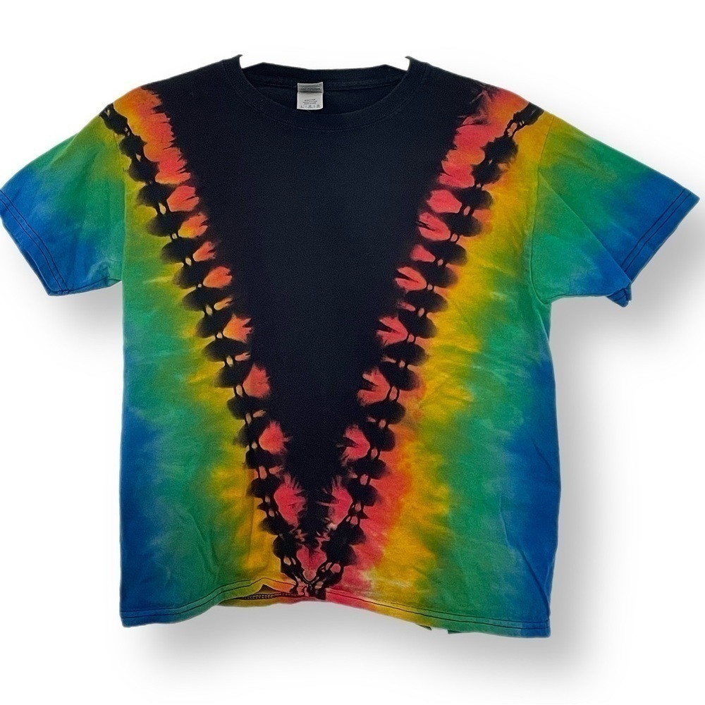 Reverse tie dye deep V pattern rainbow youth L tee shirt black orange green blue